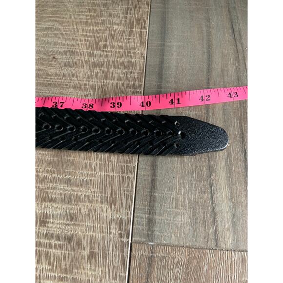 Black Plaited Genuine Leather Belt Silver Buckle Size M - C12